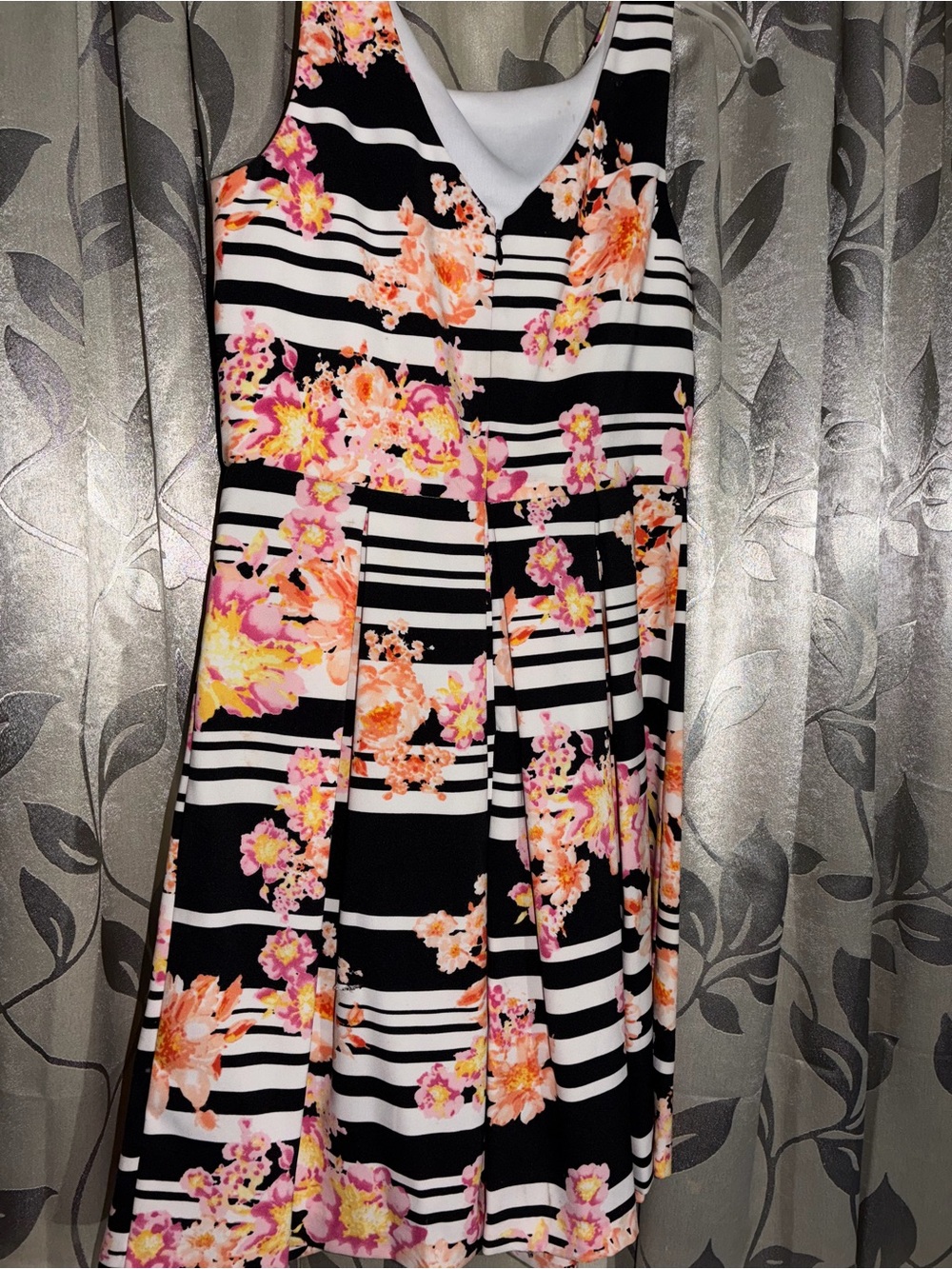 Ronni Nicole Black & White Striped Dress with Pink and Orange Floral Print
